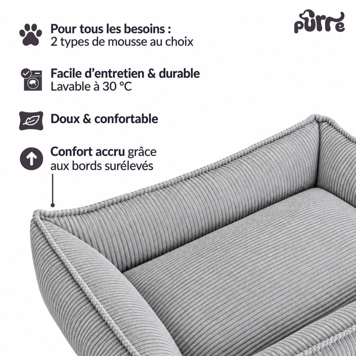 Nino Corduroy Memory Foam Dog Basket Bed – Cloud Grey, L